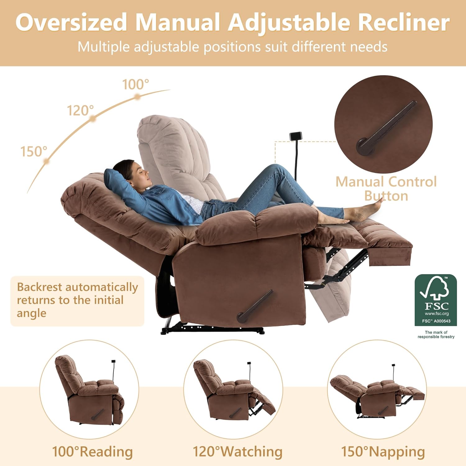 Euthymia Oversized Recliner Chair, Large Recliner Chair Chairs for Adults 400LBS, Big and Tall Manual Fabric Heavy Duty Recliner Chair, Extra Wide Recliners for Living Room, Brown