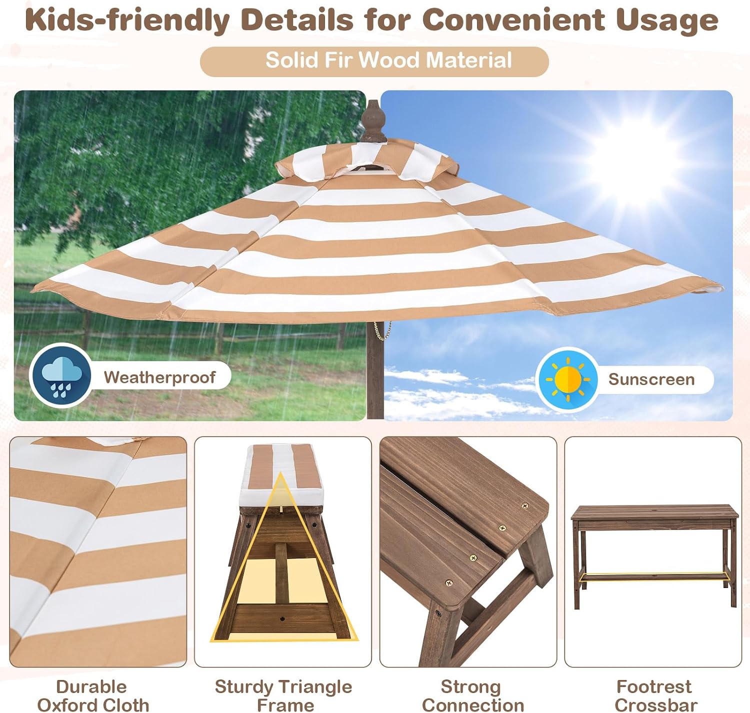 Kids Picnic Table Set with Benches and Umbrella, Foldable Wooden Table and Chair Set for Indoor and Outdoor Use, Playroom Furniture for Toddlers, Children, Baby (Brown)
