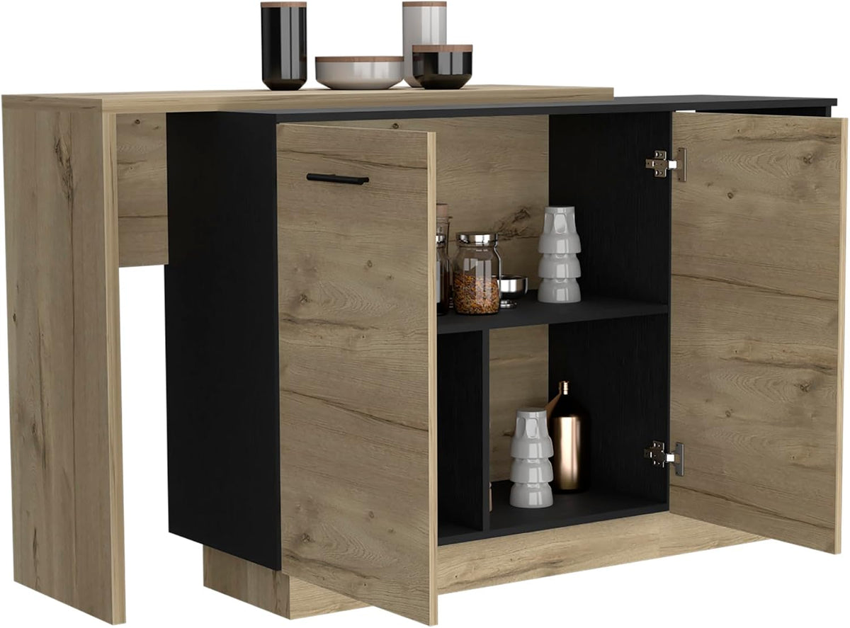 Kitchen Island Ohio - Modern Black and Light Oak Kitchen Island | Two open shelves and three interior shelves for storage and display