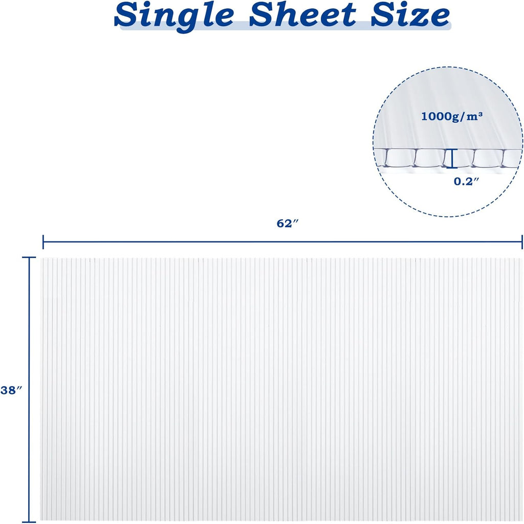 BPS 6Pcs 62'' (W) x 38'' (L) x 0.2'' Polycarbonate Panels, Waterproof UV Protected Reinforced Sheets, Outdoor Greenhouse and Gazebo Covering, Twin-Wall Clear Sheets