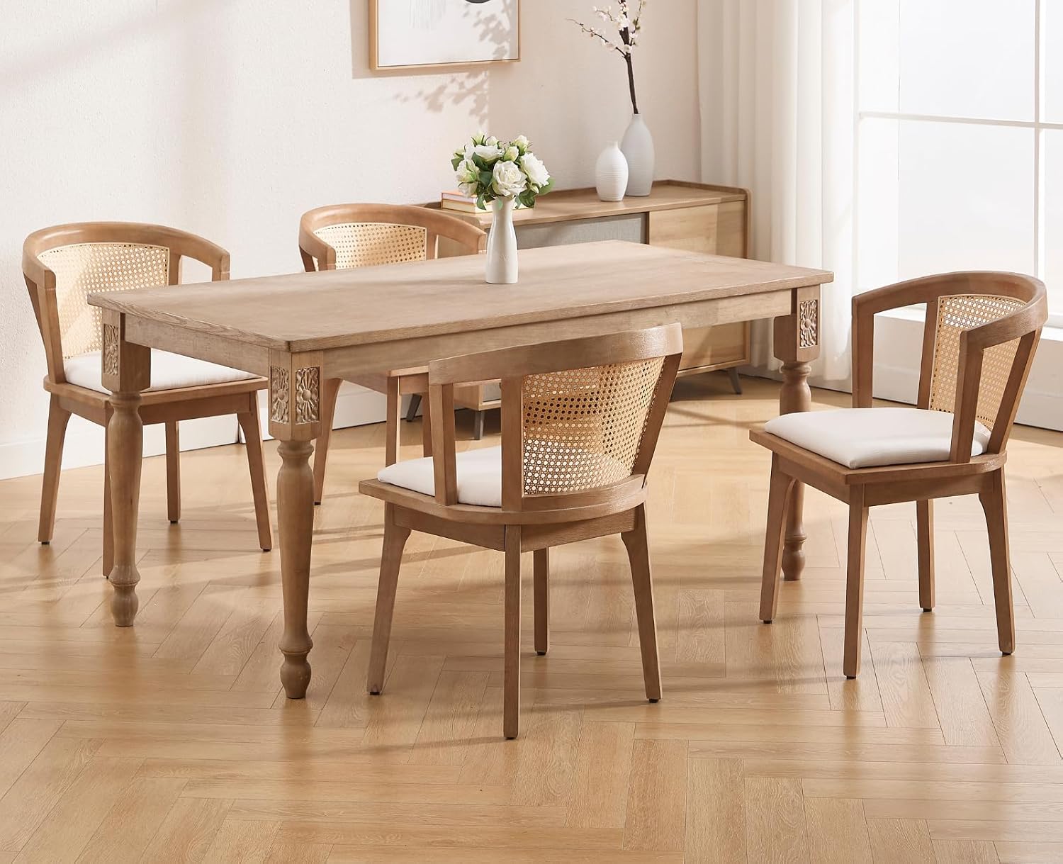 CIMOTA Mid-Century Modern Rattan Wood Dining Chairs Set of 4, Farmhouse Kitchen Chairs with Barrel Cane Backrest/Upholstered Seat/Natural Oak Finish for Dining Room/Cafe/Bistro, Linen Beige