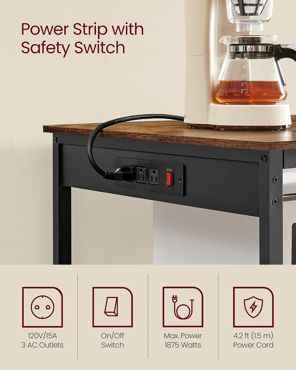 VASAGLE Kitchen Island with 3 Shelves, Storage Cabinet, Steel Structure | Kitchen Shelf with Large Wooden Worktop, 39.4 Inches Width, Rustic Brown and Matte Black, BARNET Collection UKKI105K01