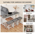 59'' Dining Bar Table and Chairs Set with Power Outlet, 4-Piece Industrial Breakfast Table Set with 3 Padded Stools, Wood Console Table Set for Kitchen Living Room Dining Room, White Grey