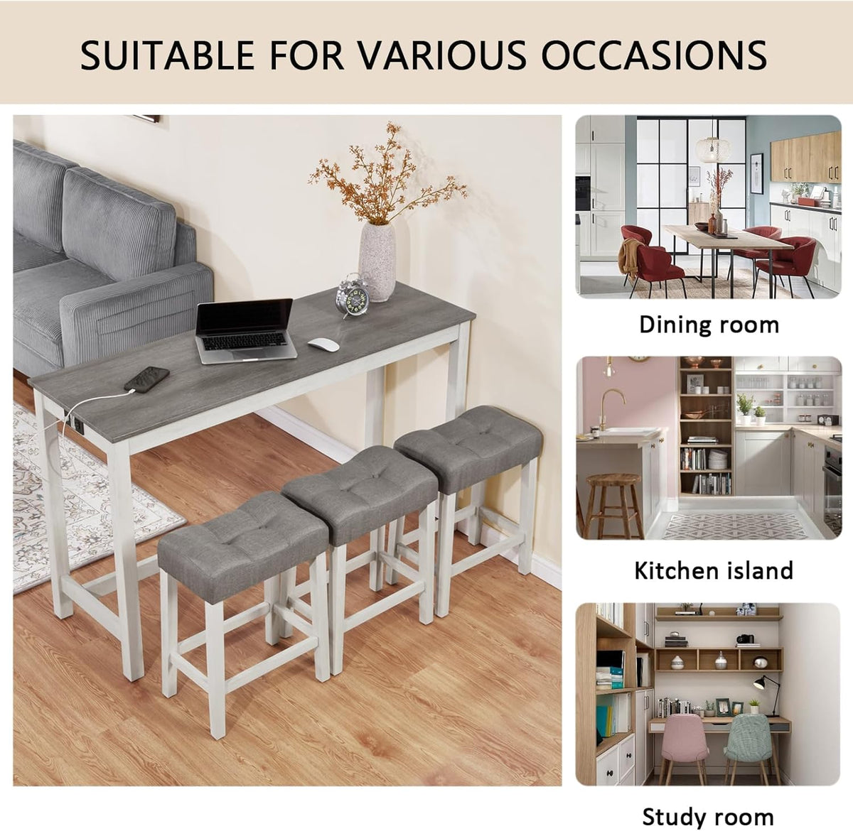 59'' Dining Bar Table and Chairs Set with Power Outlet, 4-Piece Industrial Breakfast Table Set with 3 Padded Stools, Wood Console Table Set for Kitchen Living Room Dining Room, White Grey