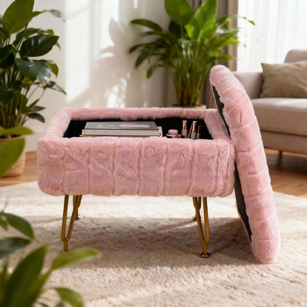 Small Foot Stool with Storage & Gold Metal Legs, Small Ottoman Foot Rest Under Desk for Couch, Chair, Pink Furry with High-Density Resilient Sponge