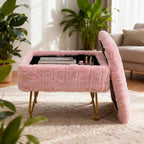 Small Foot Stool with Storage & Gold Metal Legs, Small Ottoman Foot Rest Under Desk for Couch, Chair, Pink Furry with High-Density Resilient Sponge