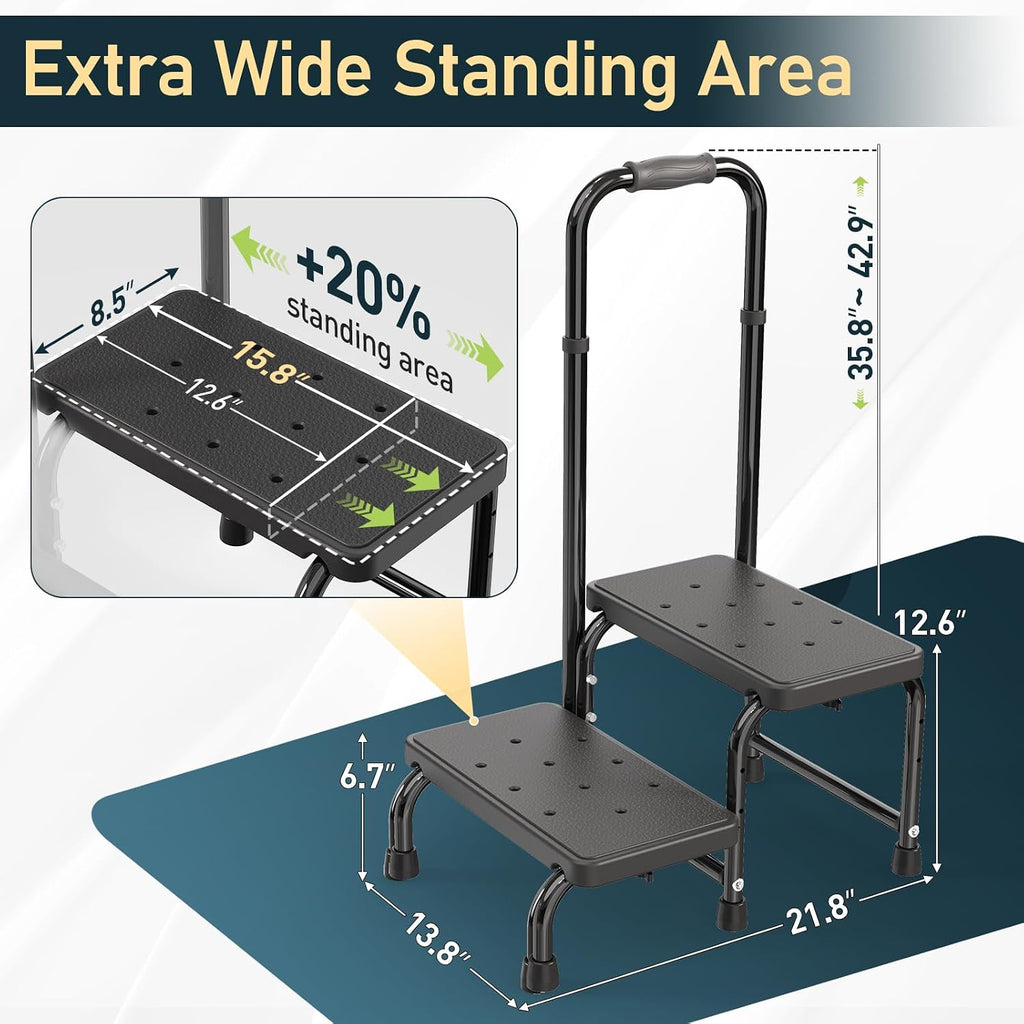 Suteck 2 Step Stool with Handle for Elderly Adults, 6-Leg Welded Bedside Step Stool for High Beds, 10-Level Adjustable Handrail, Wide Non-Slip Platform for Bathroom, Kitchen, RV, 450 lb, Black