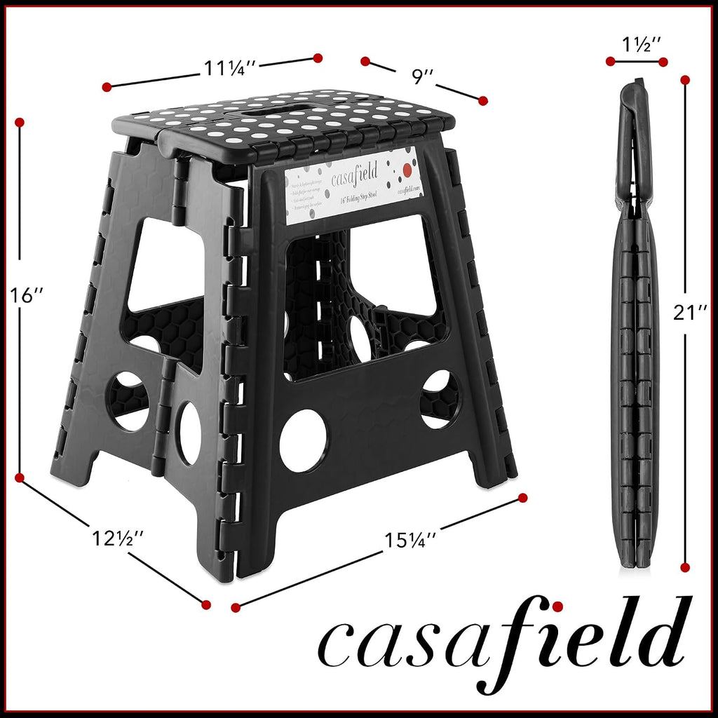 Casafield 16" Folding Step Stool with Handle (Set of 2), Black - Portable Collapsible Small Plastic Foot Stool for Adults - Use in the Kitchen, Bathroom and Bedroom
