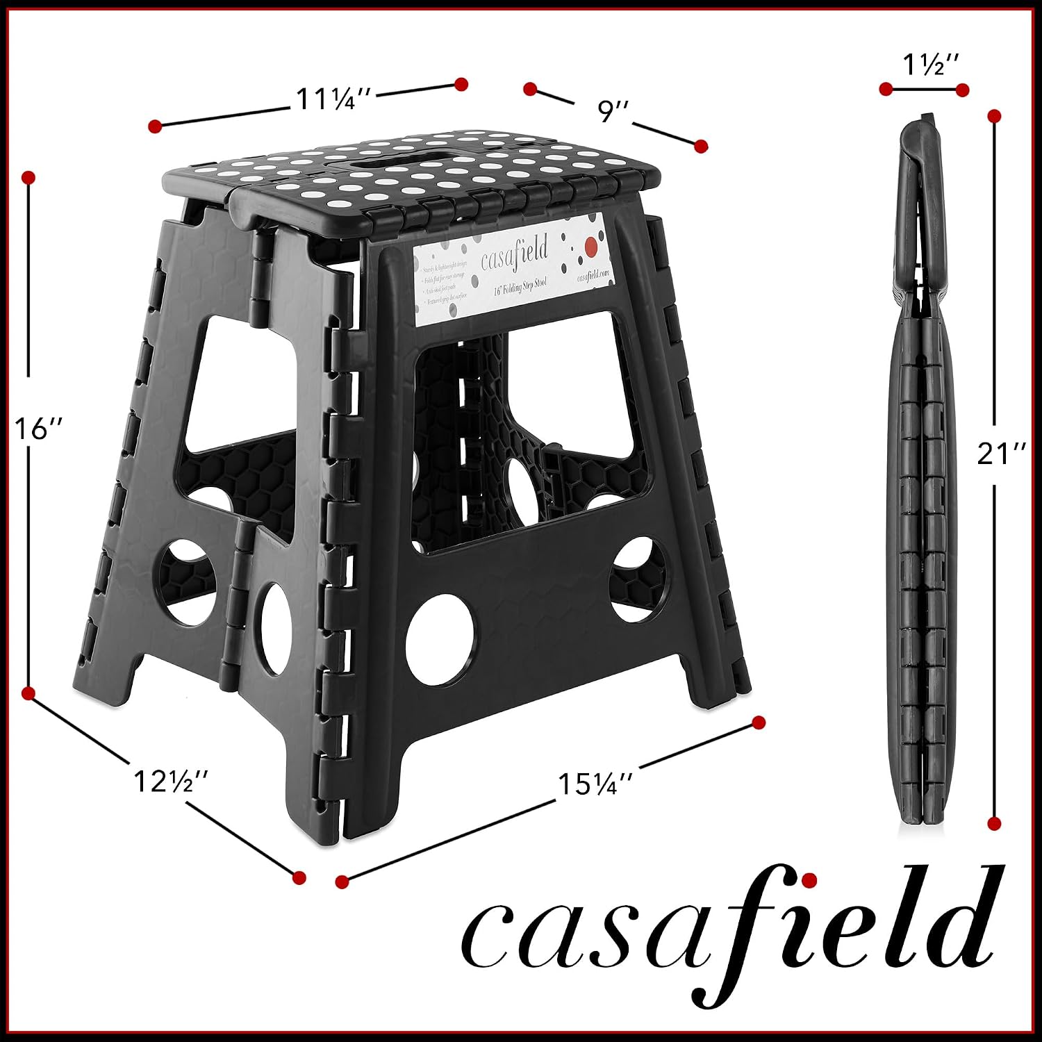 Casafield 16" Folding Step Stool with Handle (Set of 2), Black - Portable Collapsible Small Plastic Foot Stool for Adults - Use in the Kitchen, Bathroom and Bedroom