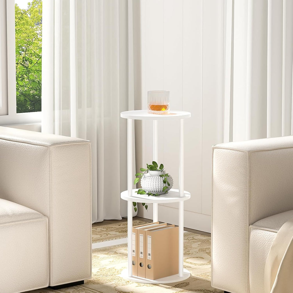 11.8'D Round Drink Table - 3-Tier Small Side Table with Wood Legs, End Table for Small Space, Balcony & Office | Space-Saving, Multi-Functional (Plants, Books, Drinks), White