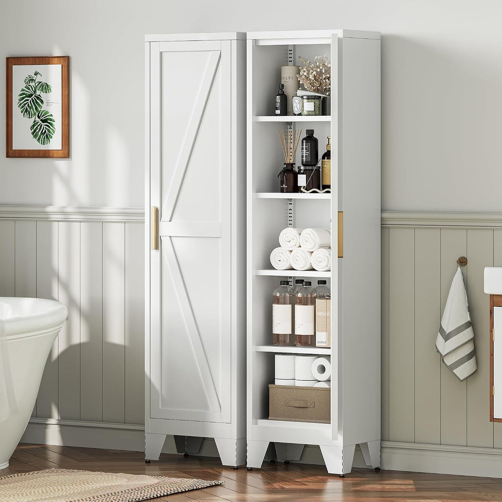 LCAOPC 67" Tall Narrow Bathroom Metal Storage Cabinet with 4 Adjustable Shelves, Freestanding 5 Tier Slim Pantry Storage Cabinet for Small Space, White
