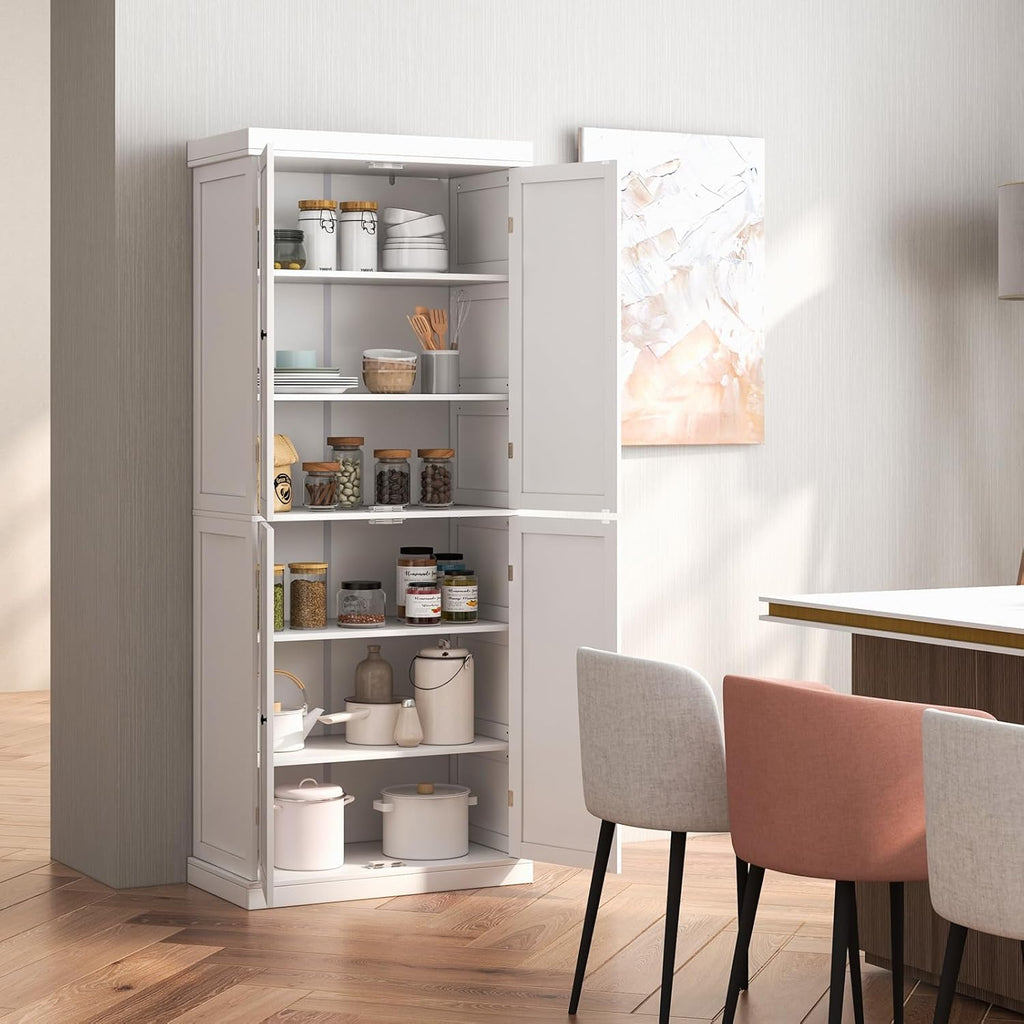 TANGZON 184CM Tall Kitchen Cupboard, 6-Tier Pantry Storage Cabinet with 4 Doors, 2 Adjustable Shelves & Anti-tipping Device, Freestanding Wooden Sideboard Unit for Dining Living Room (White)