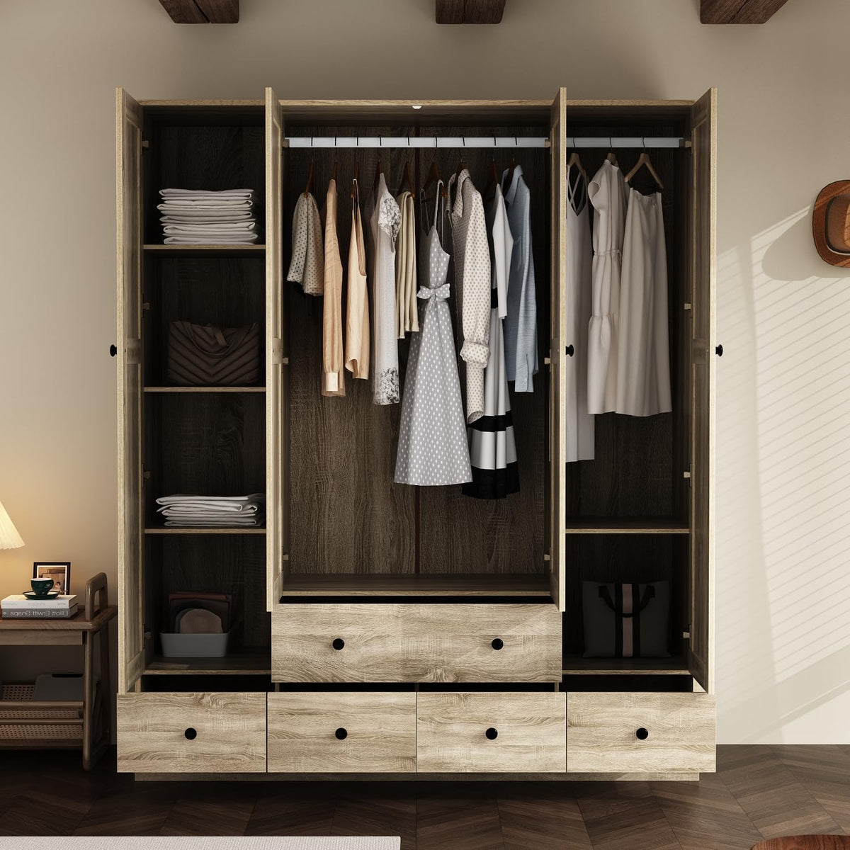 WOODTIME Rattan Armoire Wardrobe Closet with 7 Shelves, 5 Drawers & Hanging Bars, 59" L Wooden Wardrobe Clothes Storage Cabinet for Bedroom, Guest Room, Brown