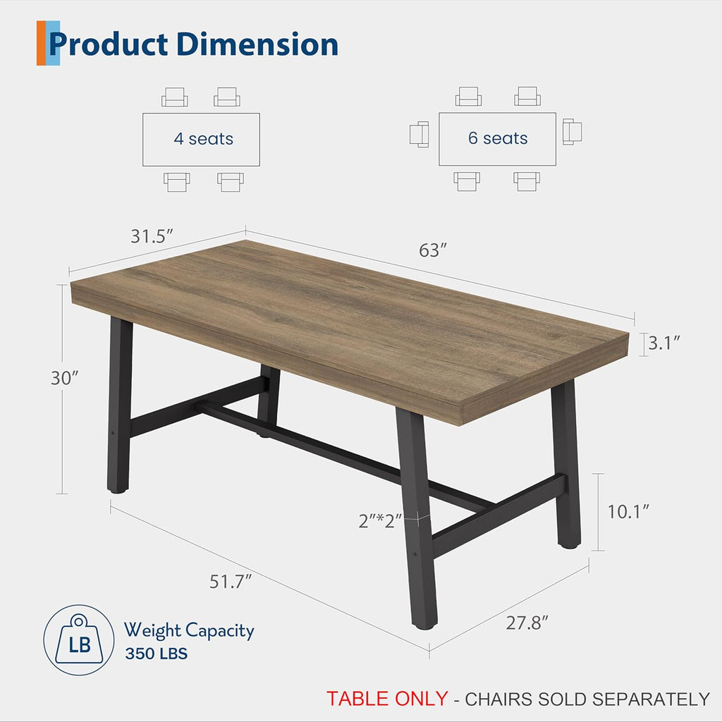 GarveeHome Industrial Dining Table for 4-6 People, 63" Long Wooden Kitchen Table with Sturdy Metal Frame & Black Finish - Seats 4 Rectangular Counter for Dinner, Kitchen, Dining Room - Rustic Pear