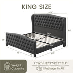 LARMACE King Size Bed Frame Velvet Upholstered Platform Bed with Wingback Headboard & Footbaord, Deep Button Tufted Bed Frame with Wood Slats Support, No Box Spring Needed, Grey