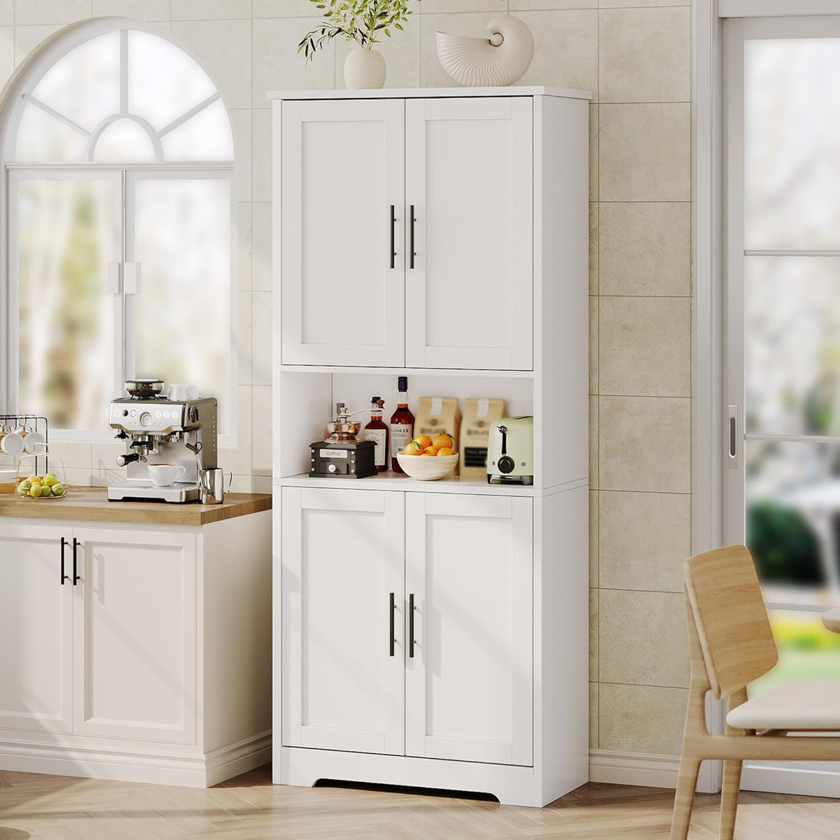 Tall Kitchen Pantry Cabinet with 4 Doors, 70 Inch Freestanding Storage Sideboard, Adjustable Shelves Wooden Cabinet for Living Room, Dining Room, Bathroom, Laundry Room Organization, White