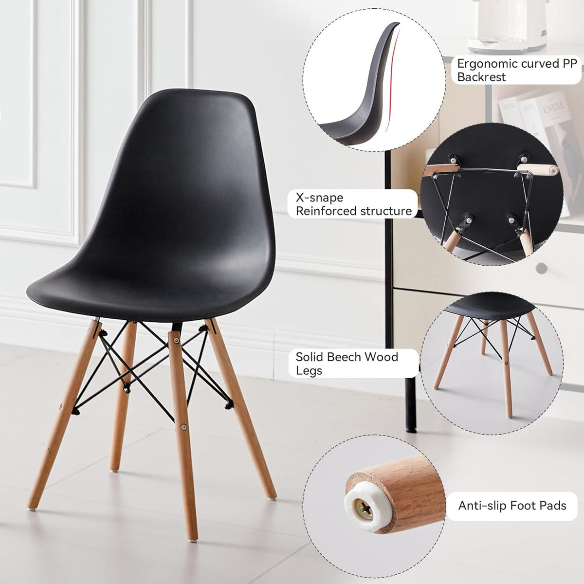 Dining Chairs Set of 4, Modern Plastic Kitchen Chairs with Beech Wood Legs for Dinner Living Waiting Room Bedroom, Black