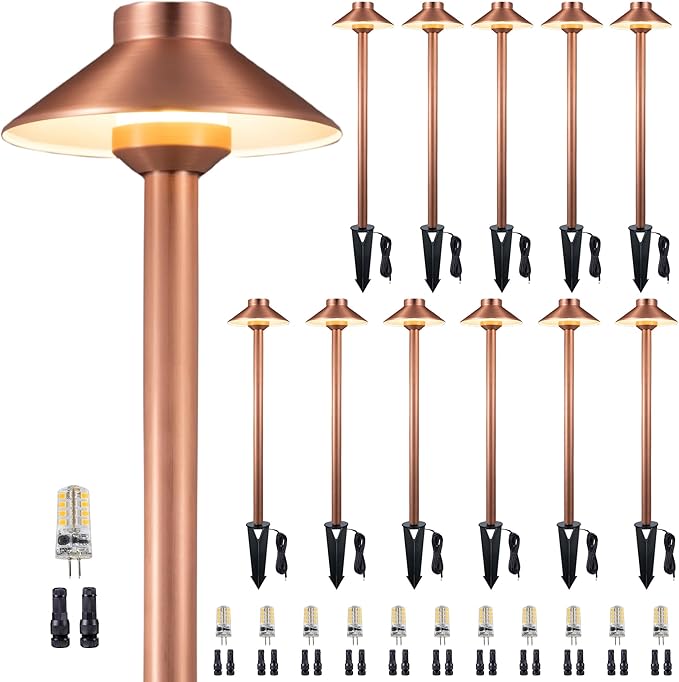 Low Voltage Landscape Sidewalk Lighting, Solid Brass Pathlights, LED Driveway Warm Light Waterproof, Hat Shaped 12V Wired Copper for Walkway Garden with 3W 270LM 3000K G4 Bulb (12 Pack)