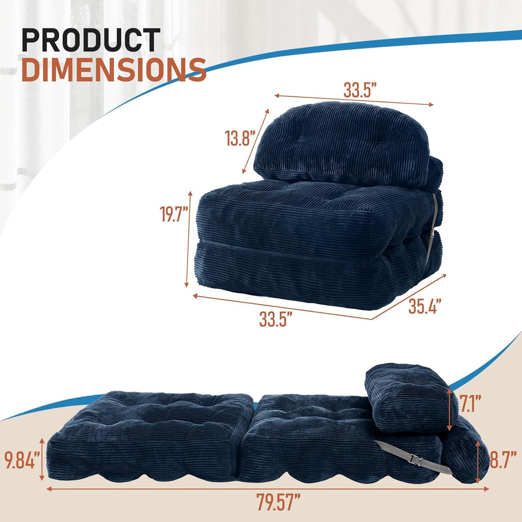 Folding Sofa Bed, Convertible Sleeper Chair with Back Support and Pillow | Foldable Couch for Living Room/Guest Use/Home Office, Foldable Chair Bed for Adults, Navy