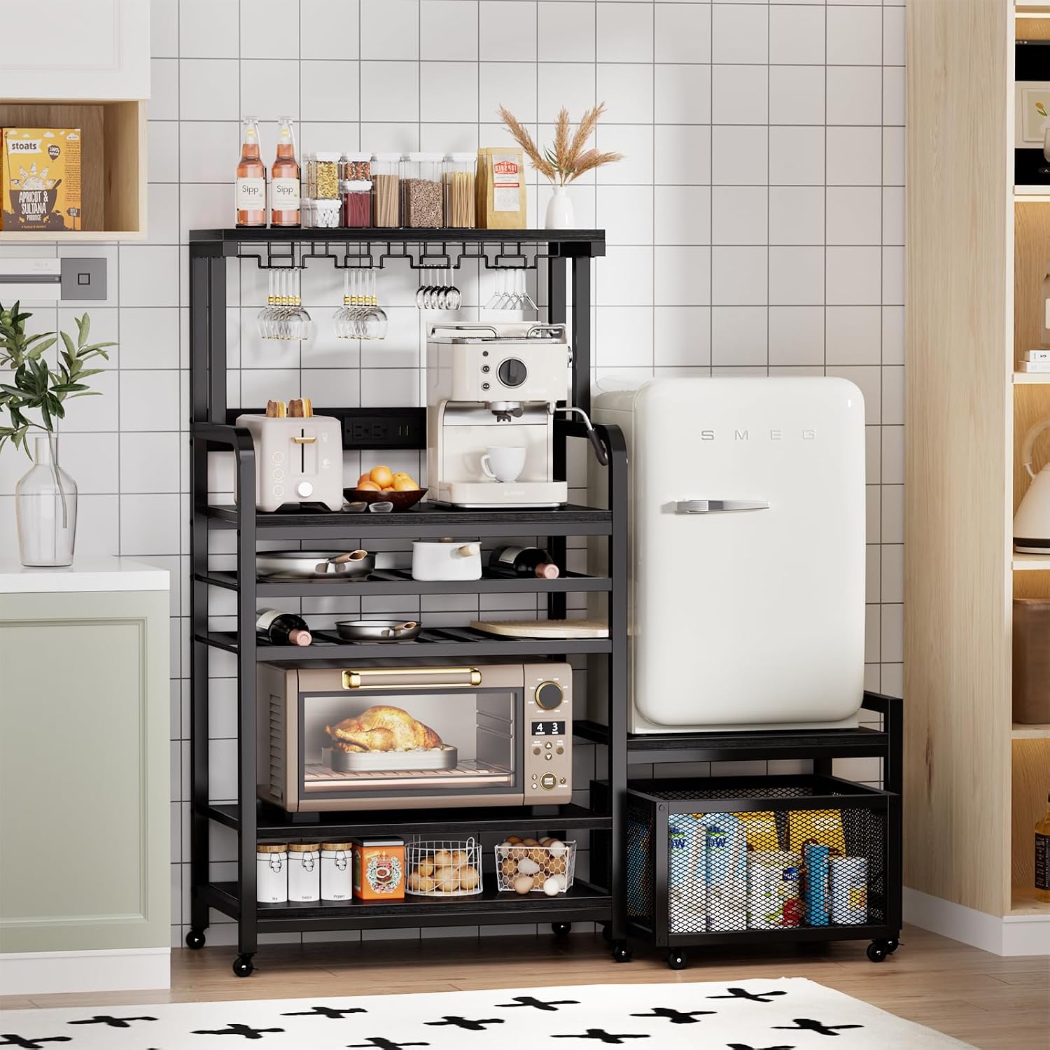 Mini Fridge Stand with Power Outlet, Microwave Stand with Wine Rack, Coffee bar with Removable Storage Baskets, Suitable for Dorm, Kitchen, Dining Area, Black