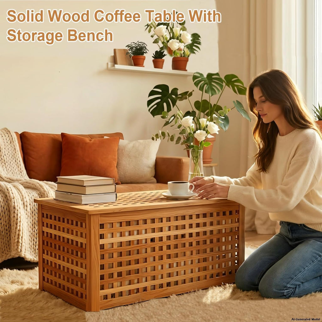 Solid Wood Entryway Bench with Storage, storage chest with Removable Bag | Large storage chest with Removable Bag, Wood Coffee Table for Living-room, Bedroom, Patio, DIY Bunny House, 39x20x20in