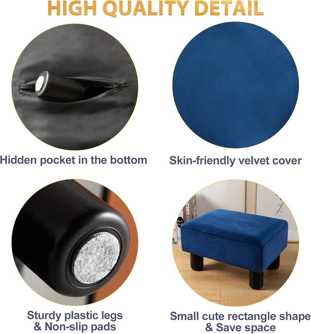 LUE BONA Small Foot Stool, Velvet Fabric Footrest Ottoman Stool with Non-Skid Plastic Legs, Rectangle Footstool Step for Couch, Desk, Office, Living Room, Navy