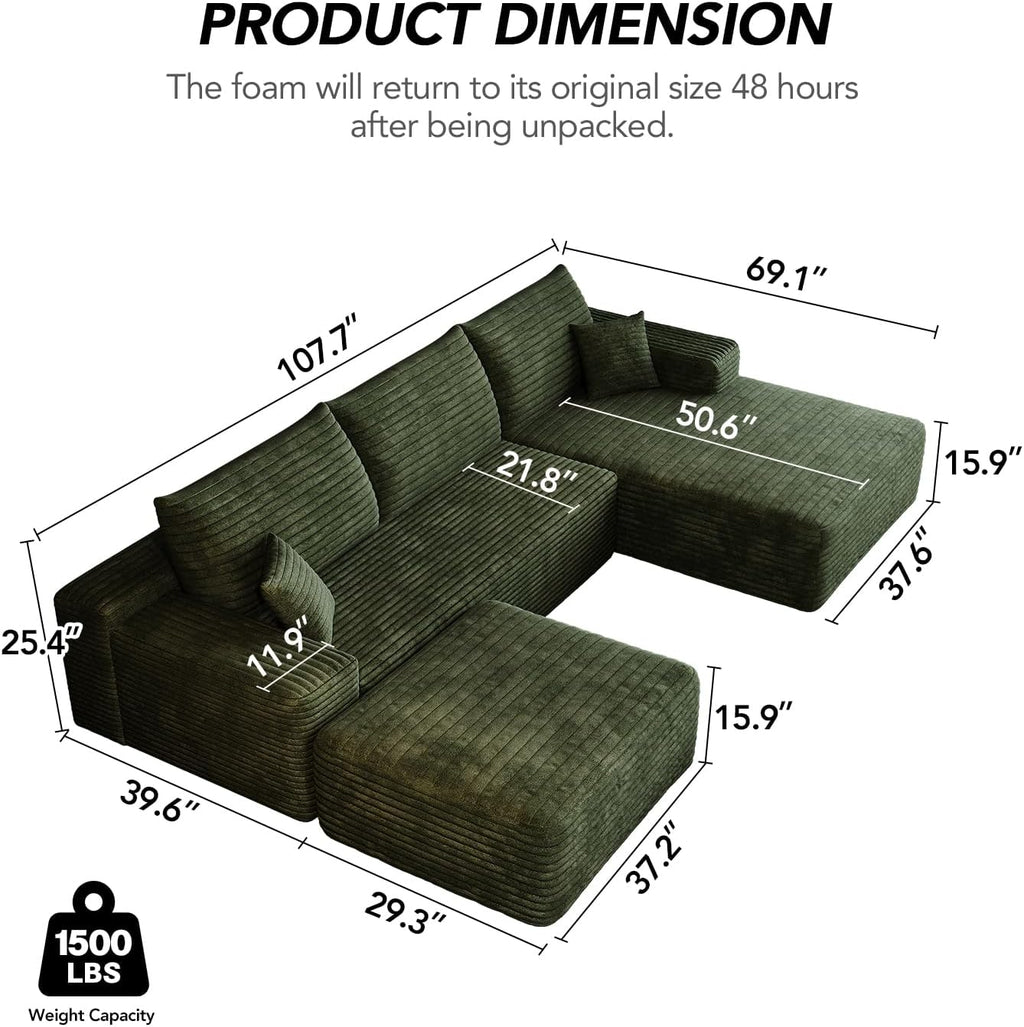 107.7" Sectional Couch Modern Modular U - Shape Corduroy Upholstered Sofa for Living Room - Deep Seat with Chaise and Ottoman(Green, 2 Seater+Right Facing Chaise+Ottoman)