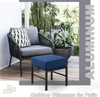 2 Pieces Outdoor Patio Ottomans, Assembled Metal Outdoor Ottoman with Blue Cushions, Metal Small Outdoor Foot Stools for Patio Porch Yard Garden Deck, Black Frame
