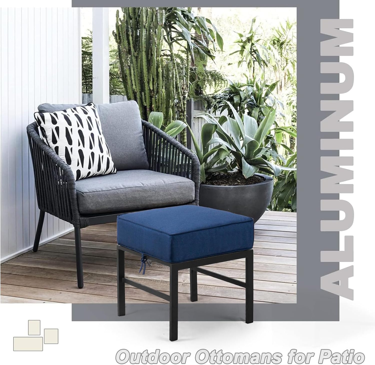 2 Pieces Outdoor Patio Ottomans, Assembled Metal Outdoor Ottoman with Blue Cushions, Metal Small Outdoor Foot Stools for Patio Porch Yard Garden Deck, Black Frame