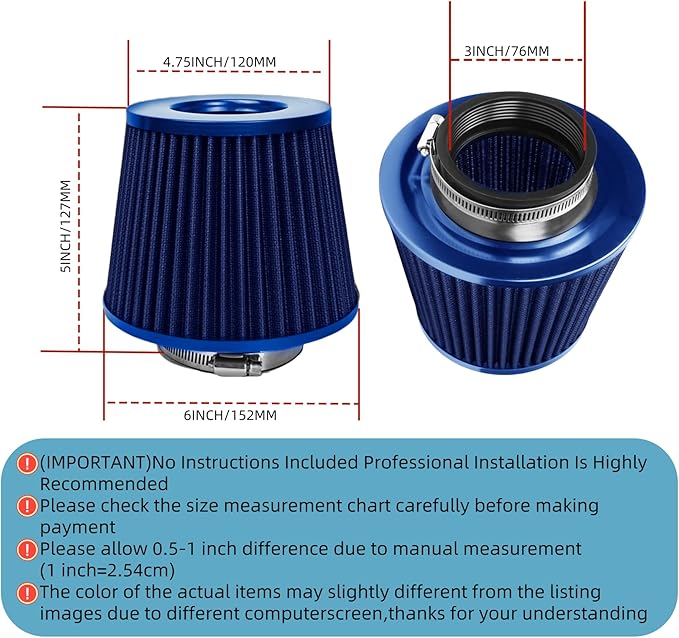 Universal Clamp-On Air Intake Filter, High Performance, Washable Filter, Replacement Air Filter, Flange Diameter 3inch/76mm (Blue)