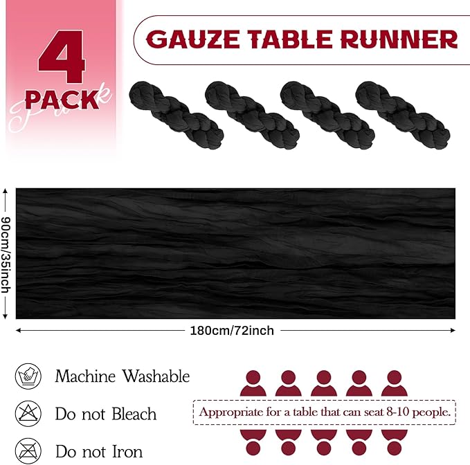 Aktor 4 Pack Black Table Runner Boho Cheesecloth Table Runner Semi Sheer Gauze Fabric Runners for Wedding Birthday Baby Shower Party Boho Table Decoration（Black）