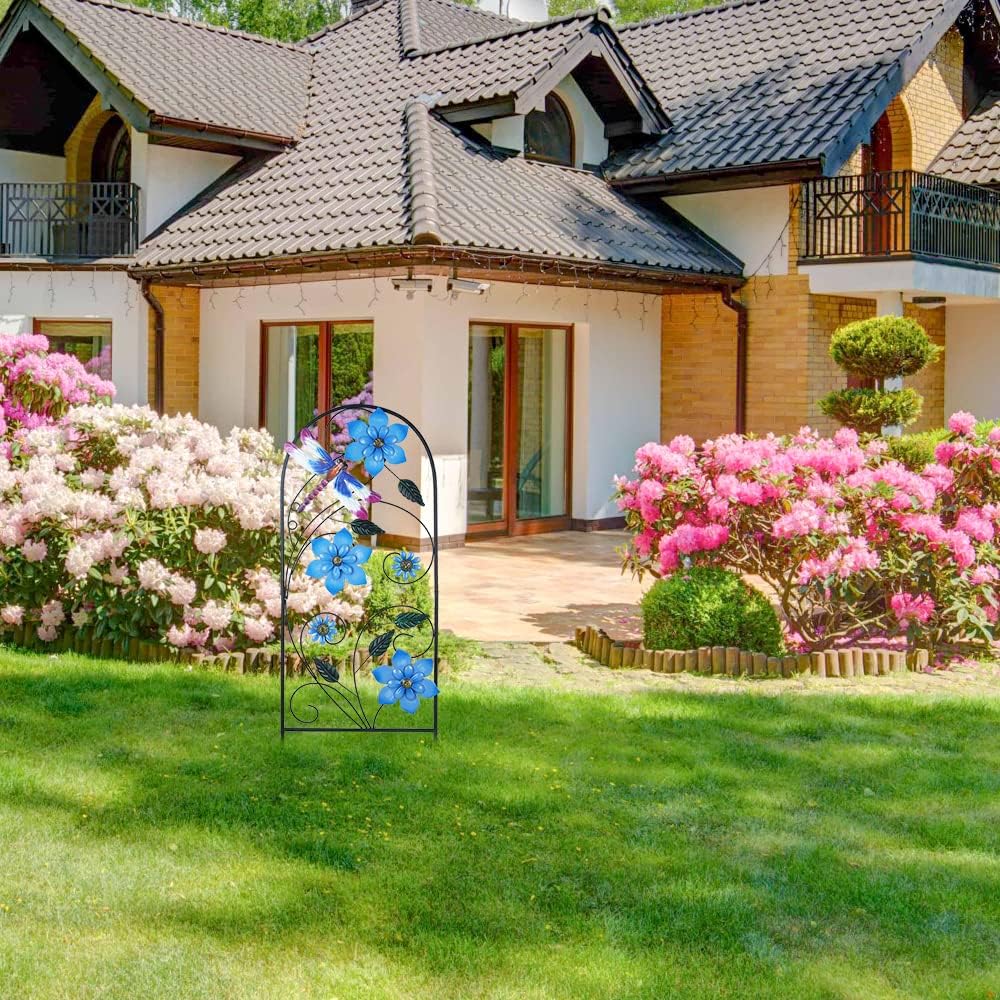 Garden Decor for Outside, YEAHOME 34 Inch Decorative Garden Stakes with Flowers Dragonflies, Metal Spring Yard Decorations for Outdoor Patio Lawn Backyard Blue