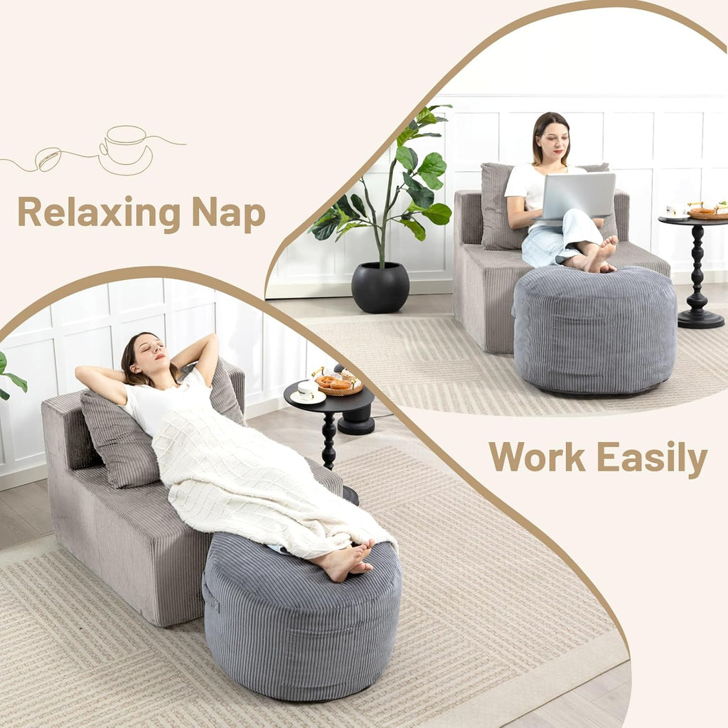 Round Stuffed Pouf Ottoman (Gray, 26" D x 26" W x 18" H) | Corduroy Foot Rest with Rebound Foam Filling, Furry and Fluffy Foot Stool Ottoman, Floor Poufs for Living Room