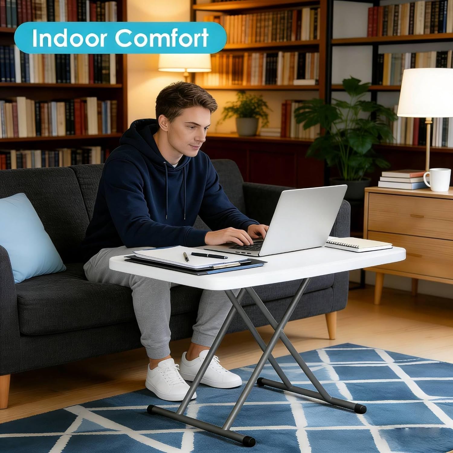 30-Inch Adjustable-Height Folding Table, White HDPE Utility Table for Small Spaces, No Assembly Required – Ideal for Laptop Use, On the Couch, Camping, the Office, and Home Use