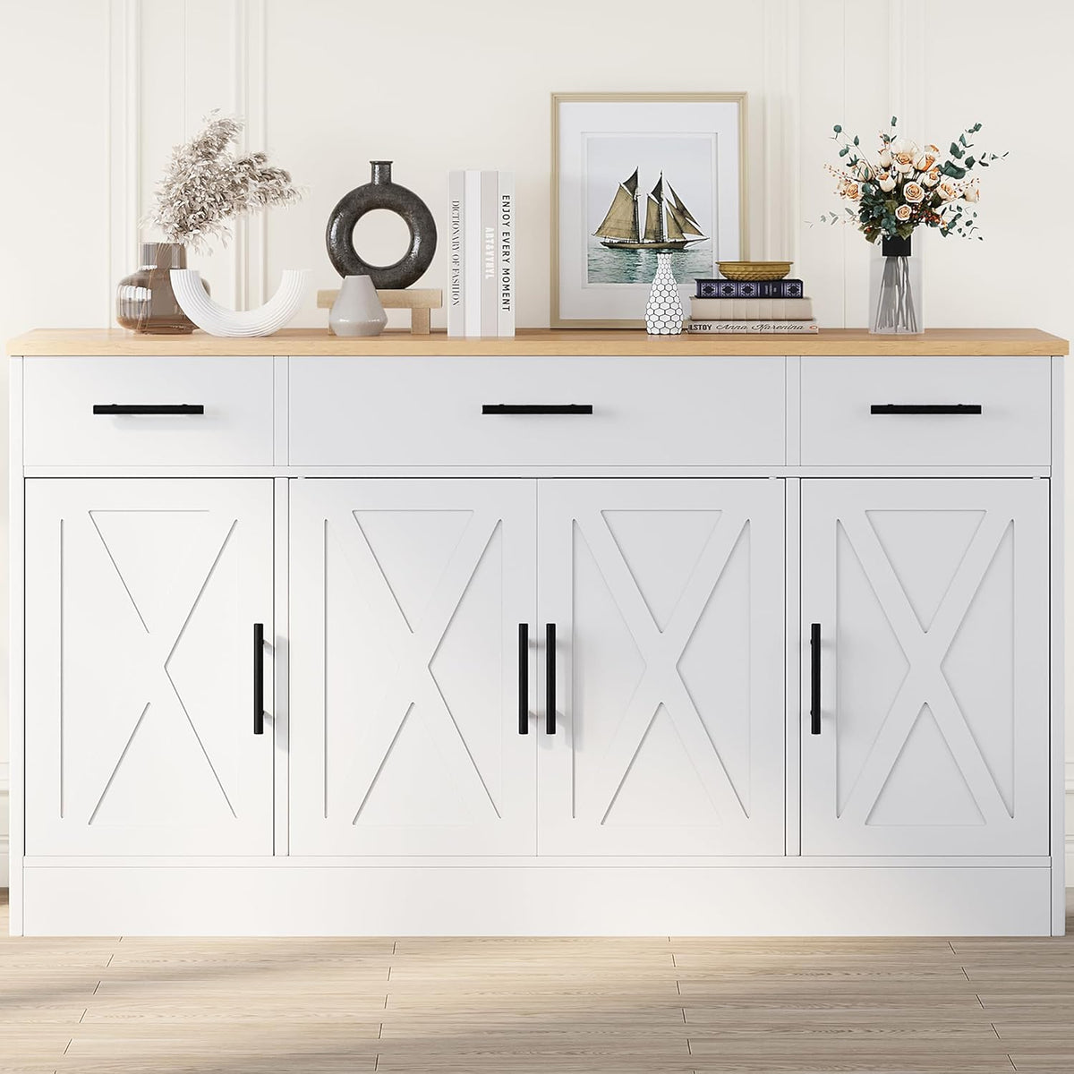 Shintenchi Buffet Cabinet with Storage,53.4" Large Kitchen Storage Cabinet with 3 Drawers and 4 Doors,Wood Farmhouse Buffet Sideboard with Adjustable Shelf for Kitchen Living Room, White