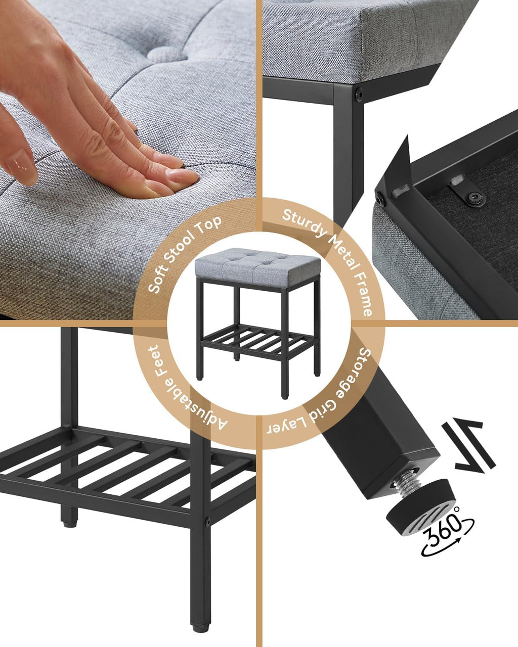 IBUYKE Rectangular Makeup Stool with Adjustable Feet and Storage Space, Footrest Chair, Linen Seat Vanity Stool, Multi-Use as Small Side Table or Ottoman, for Bedroom, Blue Gray WBD017L