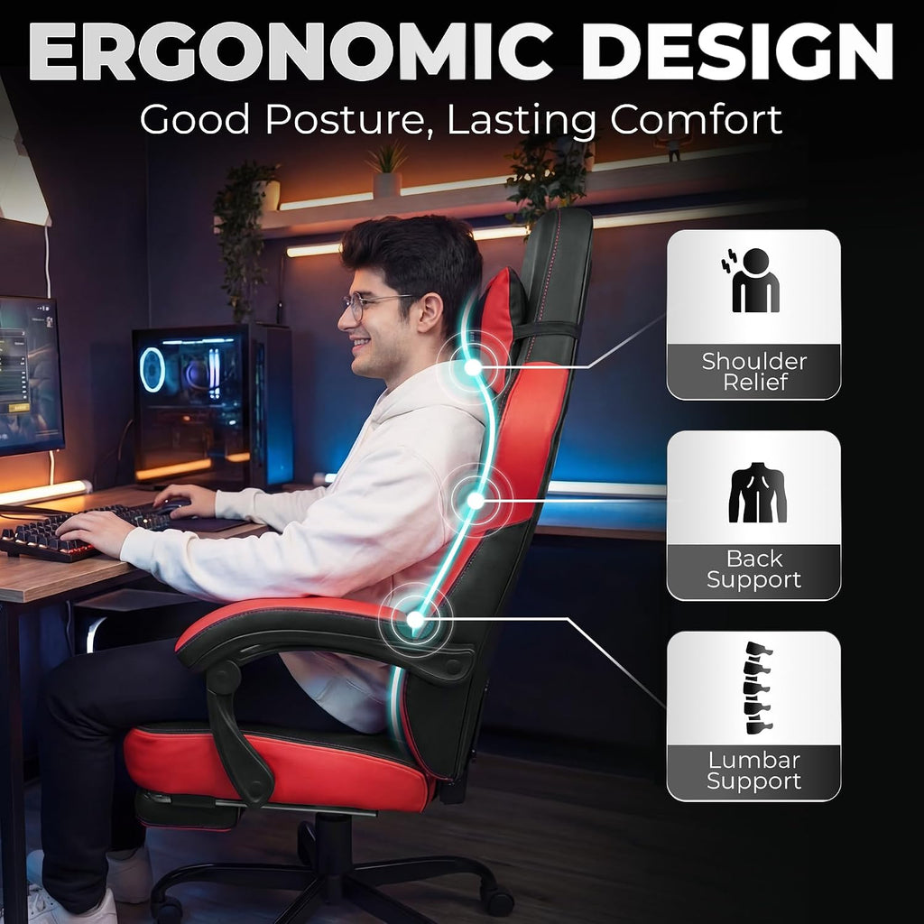 N-GEN GAMING Big & Tall Gaming Chair with Footrest, Lumbar Support, Red | Ergonomic High-Back Chair for Adults, Padded Wide Seat with Heavy-Duty Base, Reclining Comfort for Computer, Office/Home Use