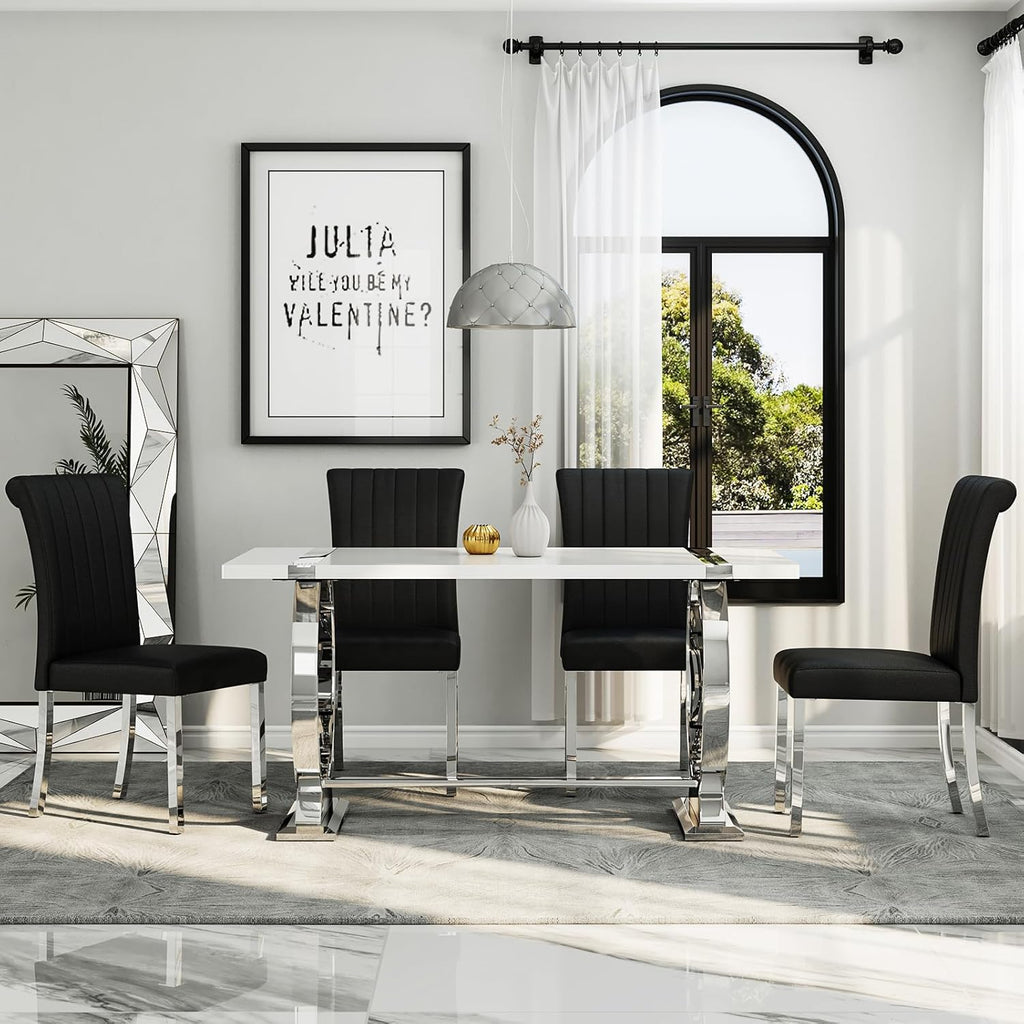 Asday Black and Silver Dining Chairs Set of 2, Modern Faux Leather Upholstered Dining Room Chairs with High Back and Metal Chrome Legs for Kitchen, Living Room, Restaurant, Apartment
