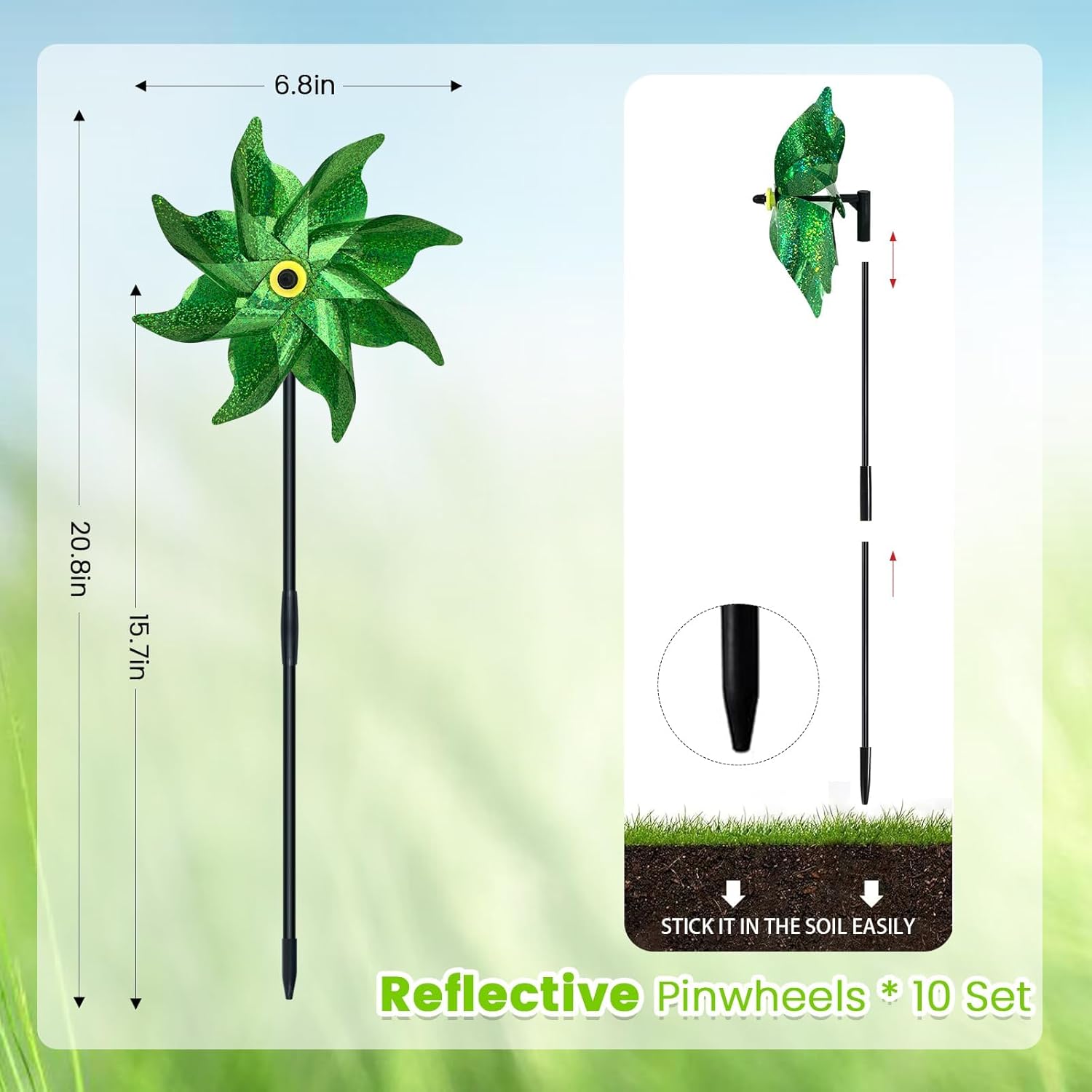 10 PCS Reflective Pinwheels for Yard and Garden Bird Devices Pre-Installed Sparkly Wind Spinner Deterrent to Scare Birds Away from Yard Patio Farm (Green)
