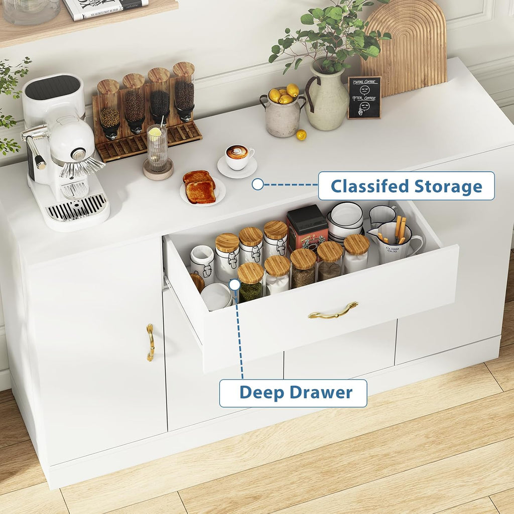 55" Kitchen Pantry Cabinet, Large Storage Cupboard with Doors and Shelves, White Kitchen Storage Cabinet with Drawer, Versatile Buffet Sideboard for Dining Room and Craft Room
