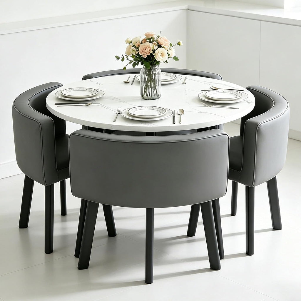 Round Dining Table Set for 4, Office Modern Restauran Office Conference Table Set, Table for Cafe Break Room (White Table+Gray Chairs)