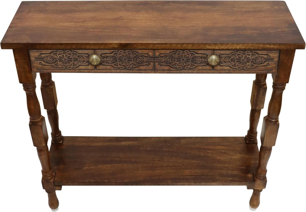 COTTON CRAFT Solid Wood Console Table - Hand Carved Accent Sofa Table | Antique Brown 36W x 32H x 11D Table with 2 Drawers- Small Space Hallway Entryway Transitional Traditional Farmhouse Furniture