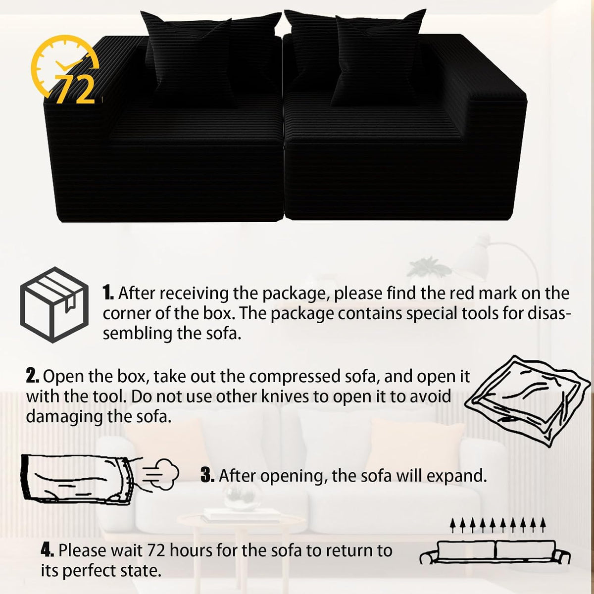 Oversized Cloud Couch Ottoman, Frameless Wide-Wale Corduroy Footrest for Living Room, High-Density All-Foam Large Rectangle Ottoman Coffee Table for Sectional Sofa (Black, Ottoman)