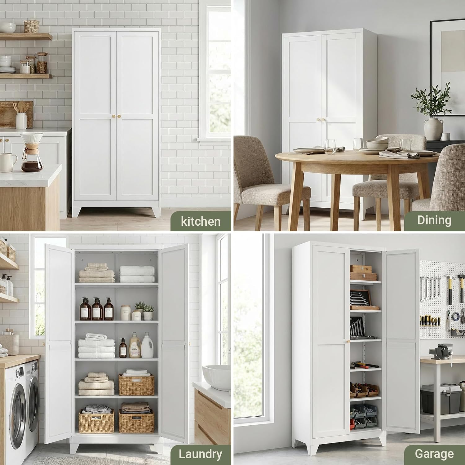 71" Metal Kitchen Storage Cabinet with Doors, Freestanding Steel Pantry Cabinet, 4 Adjustable Shelves, for Dining Room, White