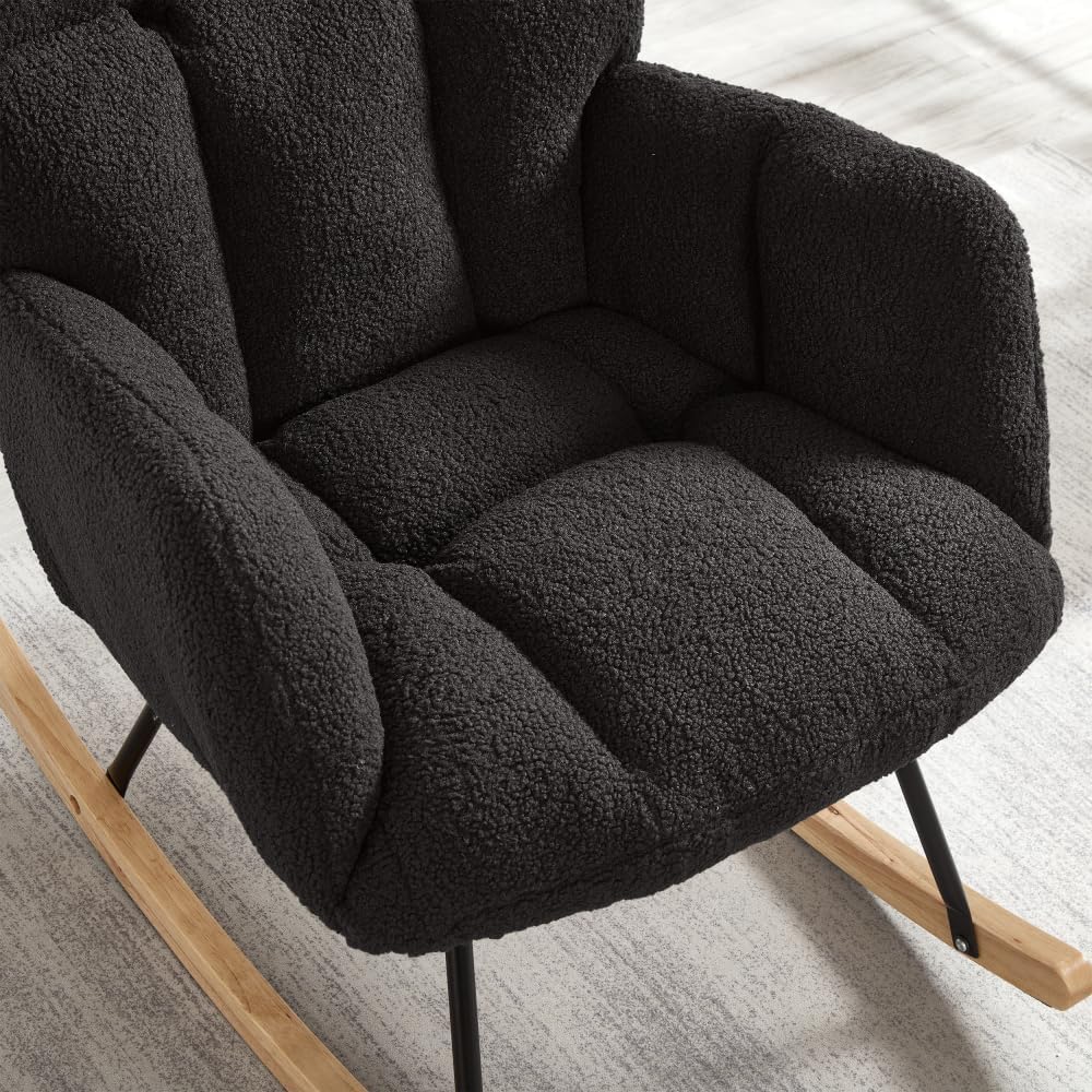 Tufted Upholstered Teddy Fabric Rocking Chair with Metal Frame Accent Chair Ivory White (Dark Gray + Teddy)