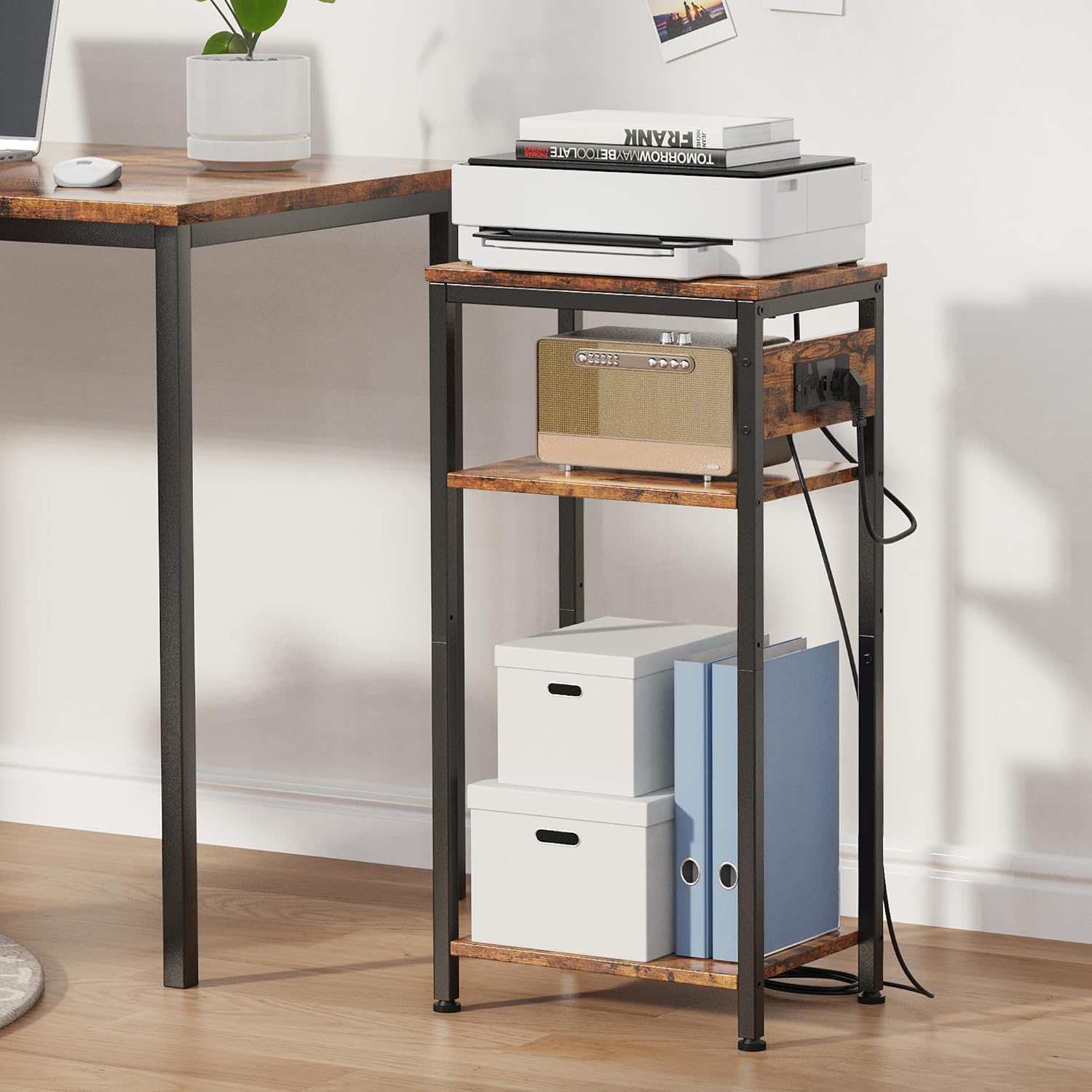 Side Table with Charging Station, Nightstand with USB Ports and Outlets, Tall Side Table with 3 Storage Shelves, Small Entry Table for Living Room, Bedroom, Sofa Couch, Hallway, Office, Rustic Brown