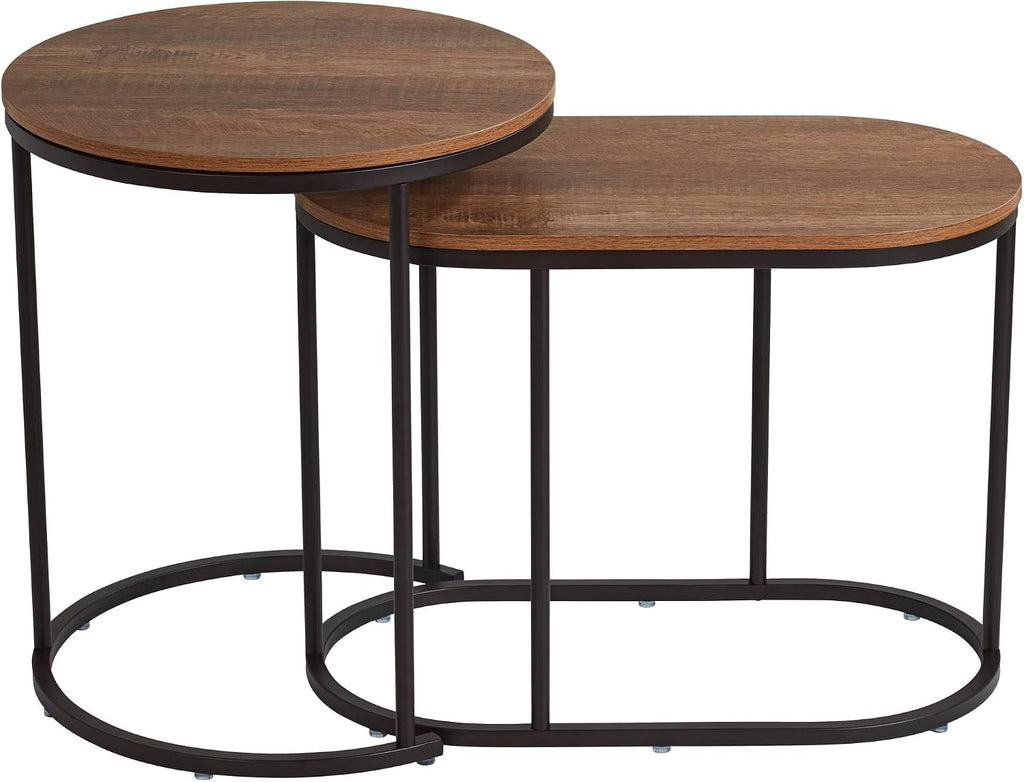Studio 55D Santa Maria Modern Industrial Set of 2 Small Walnut Round Circle Oval Nesting Wood Black Metal Frame Accent Coffee Couch Side End Tables Living Room Decor Furniture Bedroom Home Office