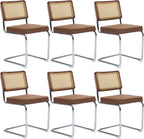 Rattan Dining Chairs Set of 6,Upholstered Mid-Century Modern Dining Room Chairs with Cane Backrest,Retro Linen Kitchen Chairs with Stainless Chrome Base,Brown