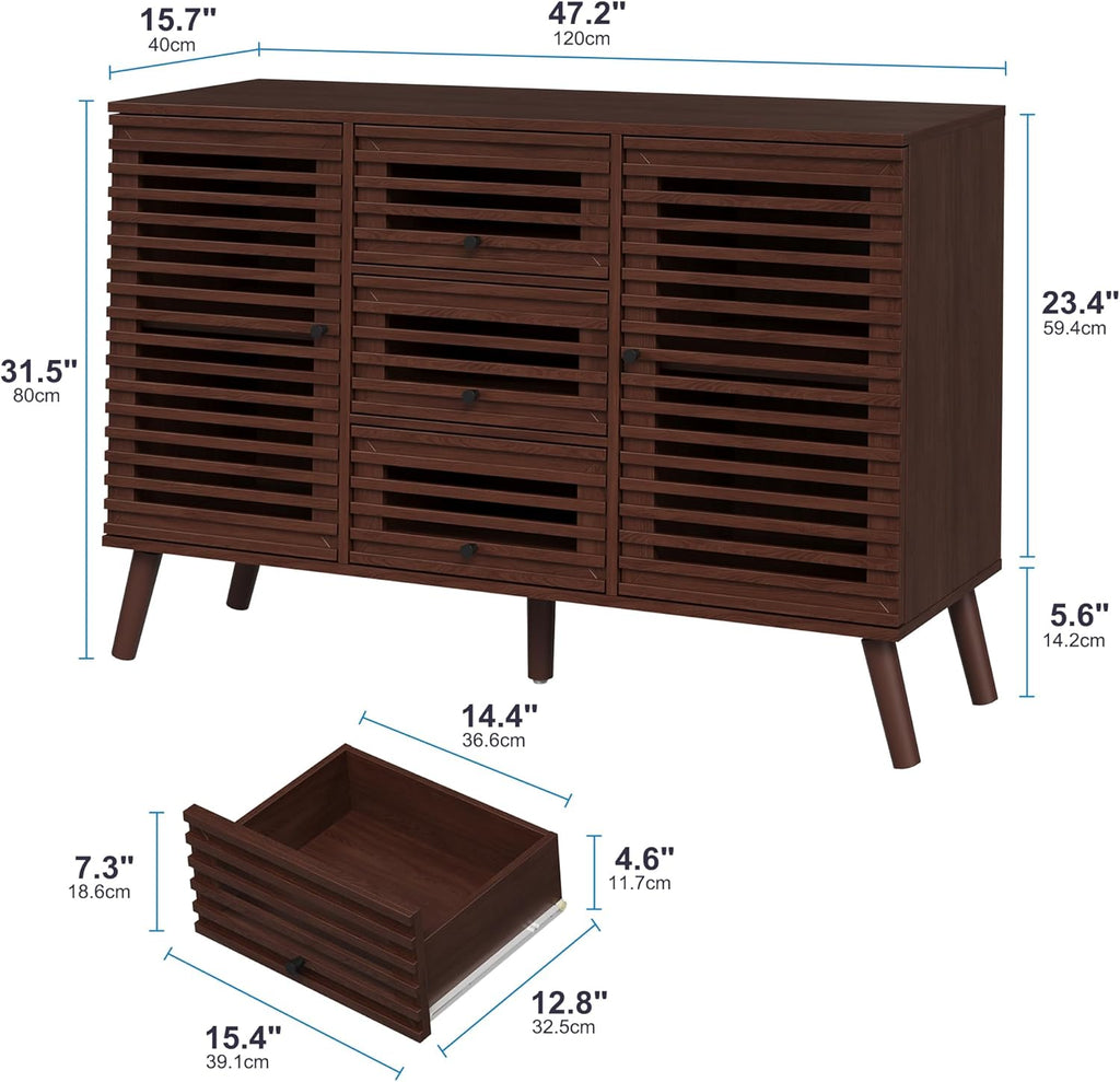 Furnify Buffet Cabinet with Slatted Doors, 47" W Sideboard Buffet with Drawers, Modern Mid Century Accent Storage Cabinet for Living Room, Entryway, Kitchen, Walnut