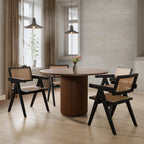 Modern Round Pedestal Dining Table with Solid Wood Base, 35'' Fluted Walnut Table for Kitchen or Small Dining Space